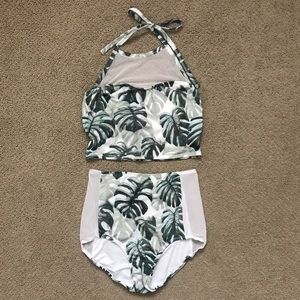 High waisted two piece palm print swimsuit